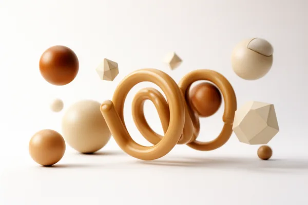 Floating 3D geometric shapes in warm earth tones against a soft neutral background with gentle lighting.