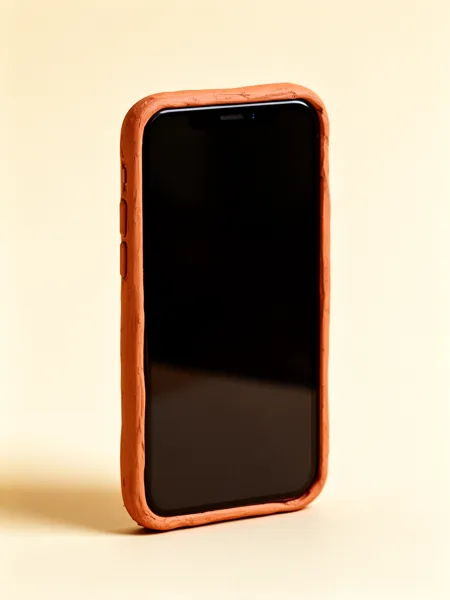A smartphone in a textured clay case standing upright on a beige background with soft lighting.