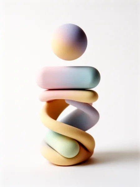 A 3D sculpture with pastel-colored, intertwined shapes and a spherical top, set against a white background with soft lighting.