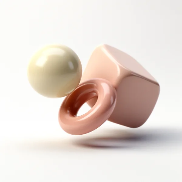 A cream sphere, pink cube, and peach torus floating against a white background with soft lighting.