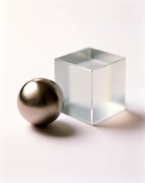A polished metal sphere next to a translucent glass cube on a smooth surface with soft lighting.