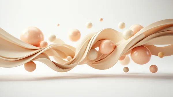 Abstract 3D composition with flowing peach and cream ribbons intertwined with various-sized spheres on a white background.