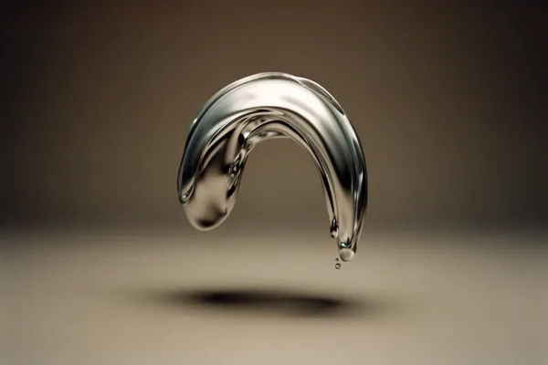 A 3D metallic liquid sculpture suspended in mid-air with a reflective surface against a gradient background.