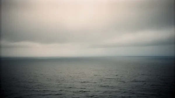 An abstract view of the ocean meeting the horizon under a cloudy sky with soft, muted lighting.