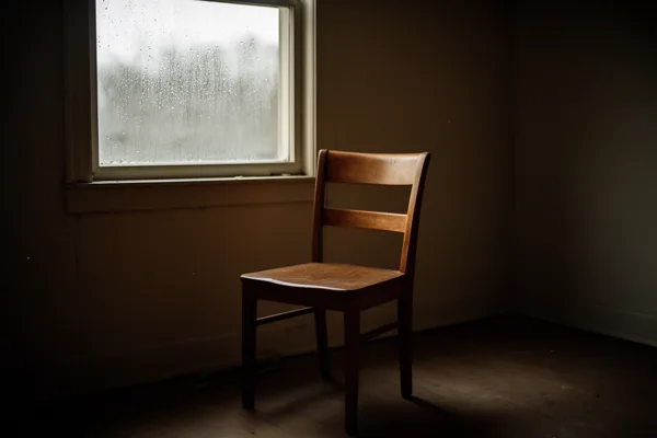 A wooden chair in a dimly lit room next to a rain-speckled window, with soft natural light casting shadows.