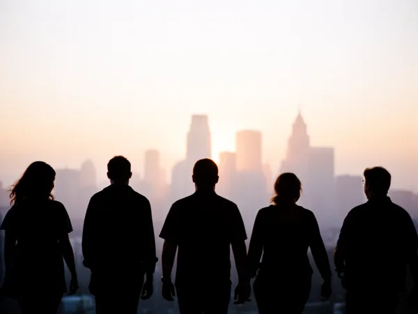 Five silhouetted figures stand against a blurred city skyline at sunset with soft pastel lighting.