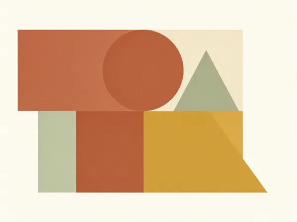 Abstract artwork featuring geometric shapes in earthy tones on a light beige background.