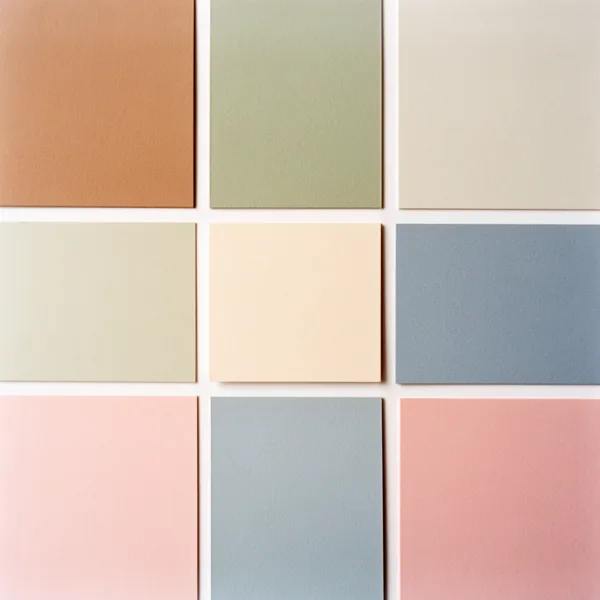 Nine pastel-colored squares arranged in a 3x3 grid, featuring soft hues like peach, sage, and blue under soft lighting.