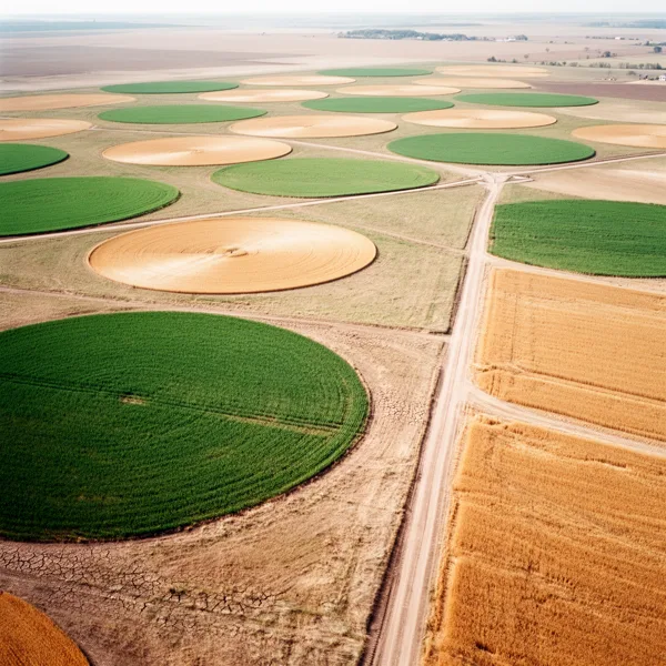 Aerial view of circular crop fields with green and brown patches divided by dirt roads under bright natural light.