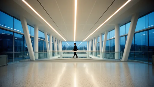 A person walking in a modern corridor with glass windows and overhead lighting, creating a futuristic atmosphere.