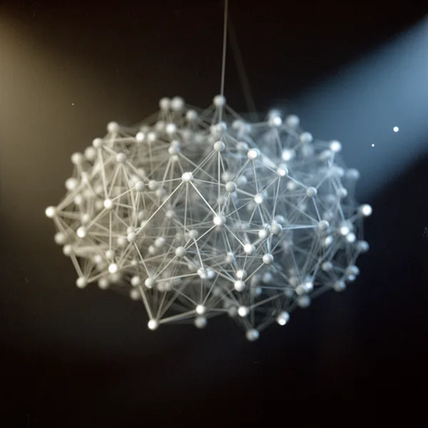 A complex neural network model with interconnected nodes and lines, illuminated by a spotlight against a dark background.