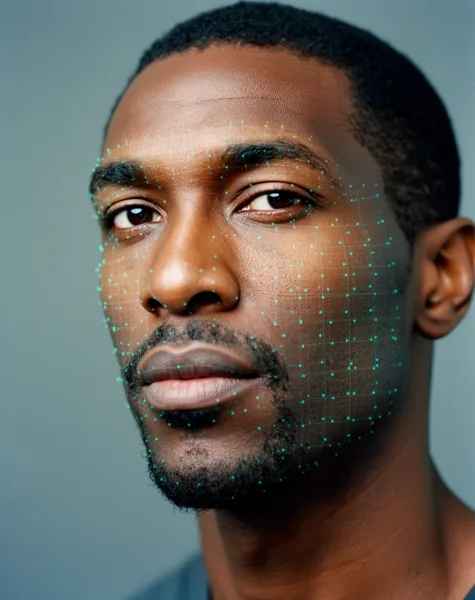 Close-up of a man's face with a digital facial recognition grid overlay against a soft gradient background and natural lighting.