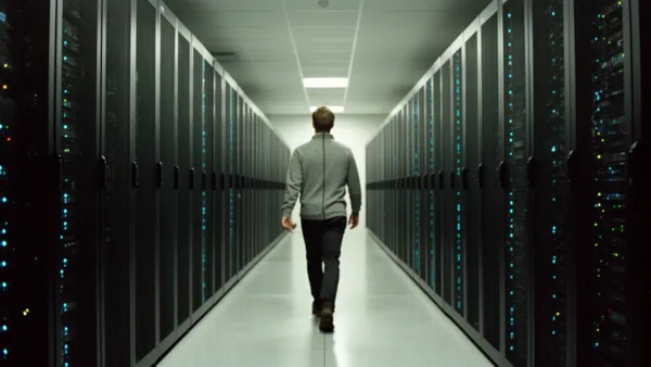 A person in a gray sweater walking between rows of server racks in a brightly lit data center.