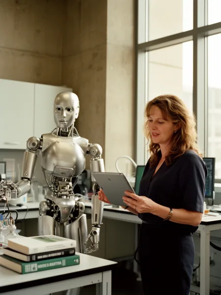 A humanoid robot and a scientist with a tablet in a modern laboratory with large windows and soft natural light.