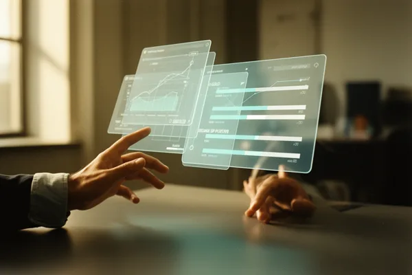 Hands interacting with a virtual interface displaying data charts and graphs in a softly lit office environment.