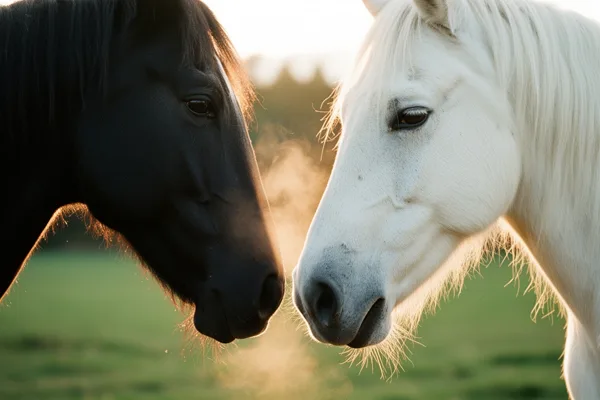 A black horse and a white horse face each other with visible breath in a green field at sunset.