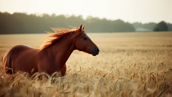 A chestnut horse with a flowing mane stands in a golden wheat field during golden hour with trees in the background.