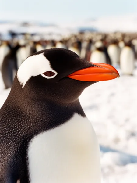 Close-up of a Gentoo penguin with an orange beak in a snowy environment, with a blurred penguin colony in the background under soft natural light.