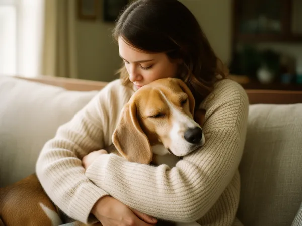 A woman in a cream sweater hugs a sleeping beagle dog on a sofa in a softly lit room.