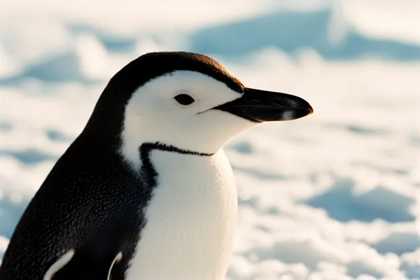 Close-up of a chinstrap penguin with black and white markings standing on snow, under soft natural light.