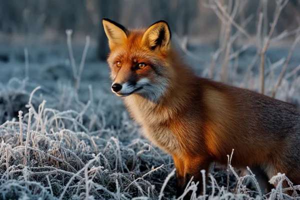 A red fox with orange fur stands in a frosty meadow with icy grass, under soft morning light.