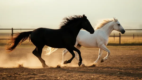 A black and a white horse galloping together across a dusty field with a fence in the background and warm sunlight.