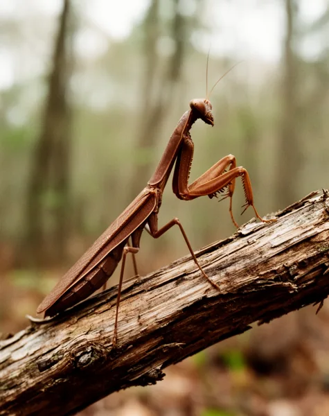 A brown praying mantis sitting on a branch with a blurred forest background in soft natural light.