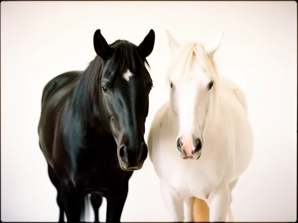 A black horse and a white horse standing side by side against a white background with soft lighting.