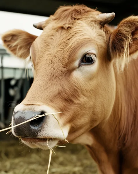 Close-up of a brown cow eating hay with a blurred farm background and natural lighting.