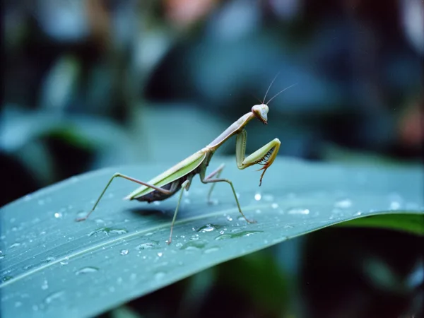 A praying mantis standing on a dewy leaf with a blurred green and blue background, captured in soft natural light.