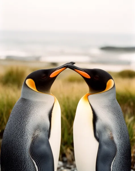 Two king penguins touching beaks on a beach with ocean and grass in the background, under soft natural light.