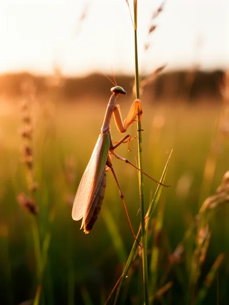 Praying mantis perched on a grass stalk in a field during sunset with warm, natural lighting.