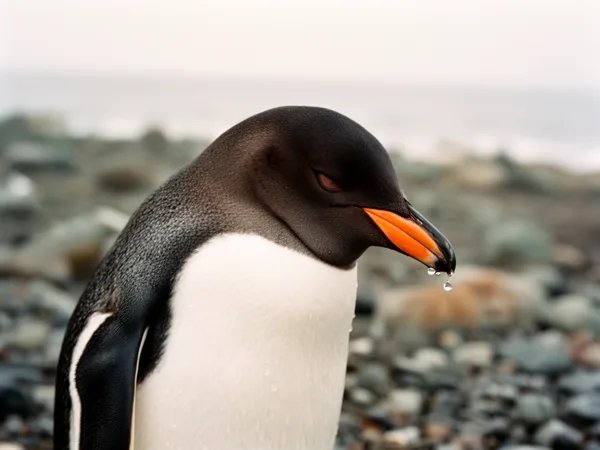 Close-up of a gentoo penguin with an orange beak on a rocky beach, water droplets on its beak, and a blurred background.