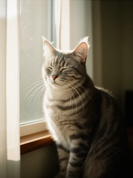 A tabby cat with closed eyes sitting by a window in soft sunlight, with sheer curtains in the background.