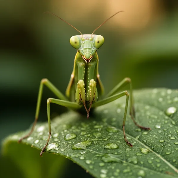 A green praying mantis sits on a dewy leaf with a blurred background and soft lighting.