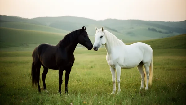 A black horse and a white horse standing together in a green meadow with rolling hills in the background under soft natural light.