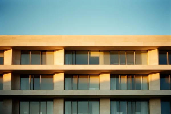 A modern building facade with large windows and stone exterior, illuminated by sunset light against a clear blue sky.