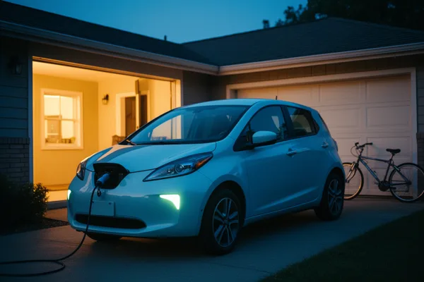 Electric car charging in a driveway at dusk with a bicycle nearby and warm light from the garage.