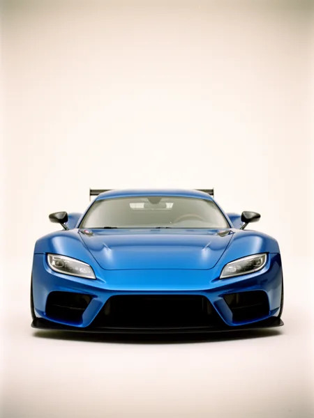 Front view of a blue sports car with sleek design and aggressive headlights against a neutral background.