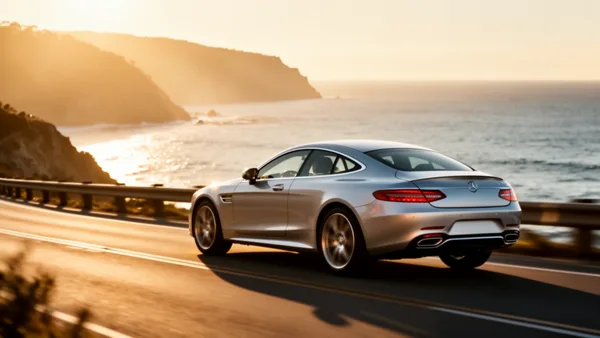 A silver luxury car driving on a coastal highway with a sunset over the ocean in the background, under warm golden light.