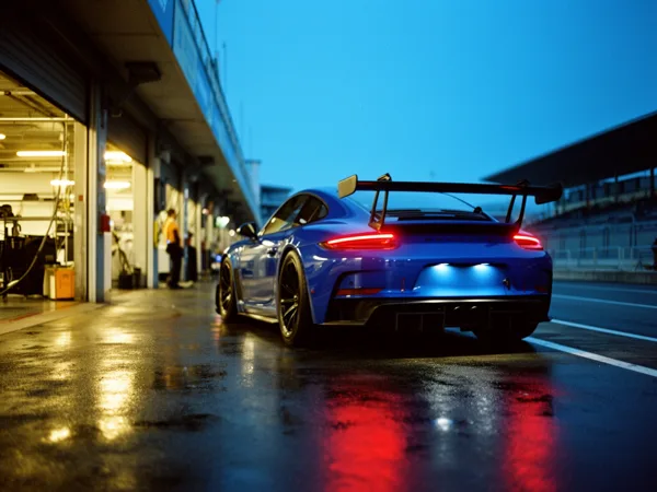 A blue sports car with a rear spoiler parked in a pit lane at dusk, with wet pavement reflecting its taillights and a garage area visible to the left.