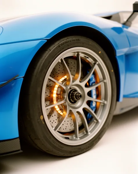 Close-up of a blue sports car wheel with a glowing brake disc and alloy rim, captured in bright lighting.