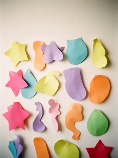 Colorful paper cutouts in various shapes taped to a plain wall under soft natural light.
