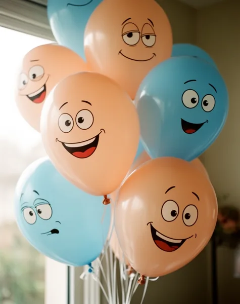 A cluster of orange and blue balloons with cartoon faces in a softly lit room.