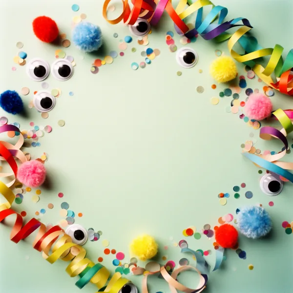 Colorful streamers, pom-poms, googly eyes, and confetti arranged in a circle on a green background with soft lighting.