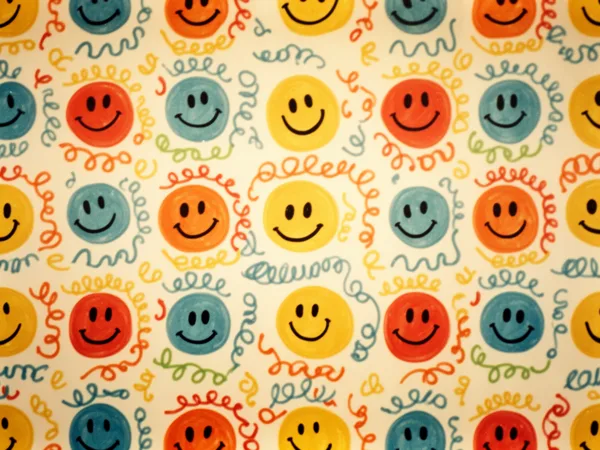 Colorful pattern of smiley faces with squiggly lines in yellow, red, and blue on a white background, evenly lit.