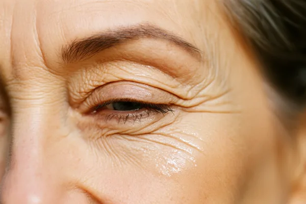 Close-up of a mature woman's eye with visible wrinkles and soft natural lighting.