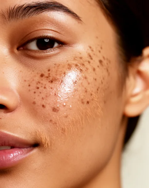 Close-up of a person's freckled cheek with glossy, dewy skin under soft natural light.