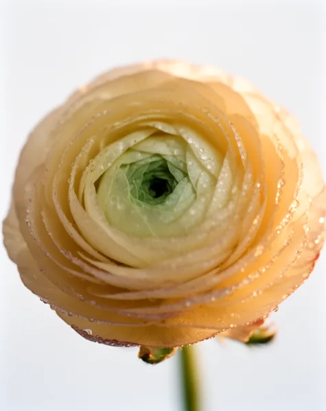Close-up of a yellow ranunculus flower with layered petals and dewdrops, captured in soft natural light.