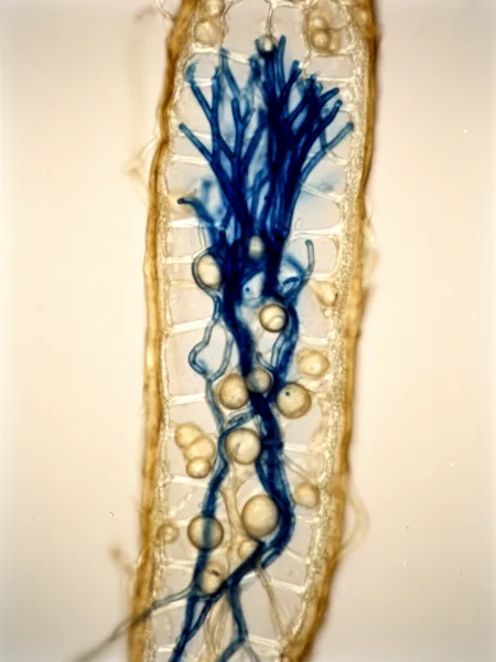 Microscopic view of a plant root with blue-stained fungal hyphae intertwined with root cells, under bright lighting.